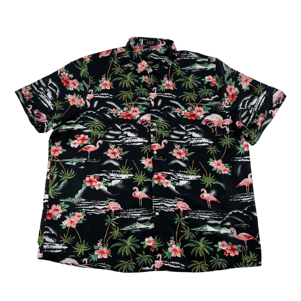 SSLR Flamingo Hibiscus Hawaiian Shirt Black Pink 3XL Men's Big and Tall